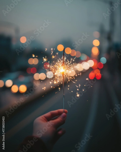 Fototapeta Childs hand holds a glowing sparkler at twilight in the city glow