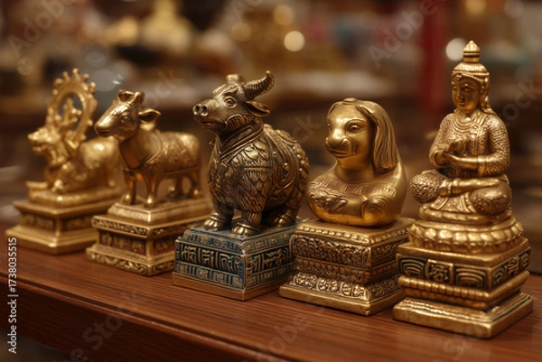Fototapeta Golden zodiac figurines showcase intricate craftsmanship in warm display