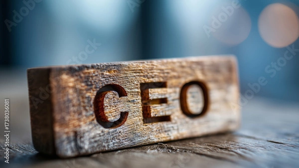 Fototapeta Close up of CEO nameplate resting on an elegant wooden desk indoors