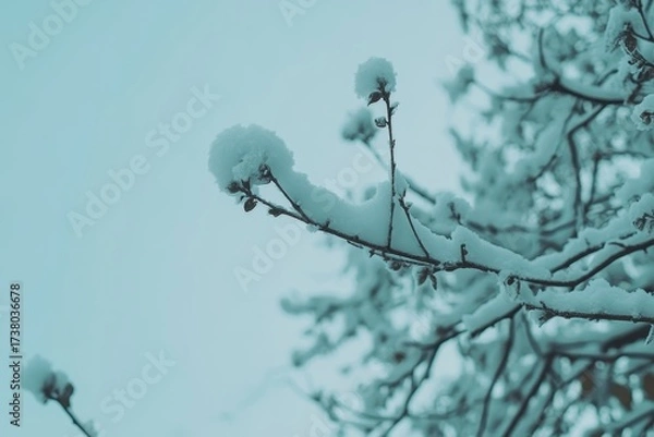 Fototapeta Snow blankets a delicate tree branch against a muted, overcast sky. Use for seasonal projects, winter themes, or nature photography.
