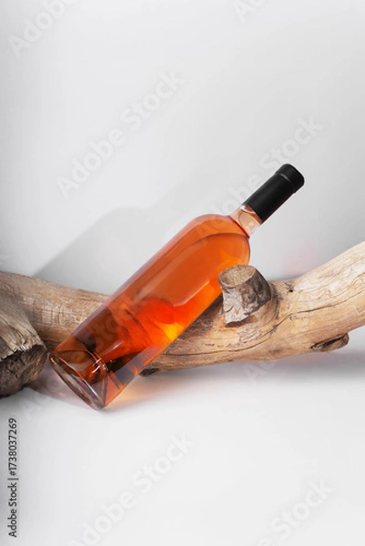 Fototapeta rose Wine bottle mockup resting on rustic wooden log, showcasing amber liquid and sleek design, ideal for branding and marketing concepts with copy space
