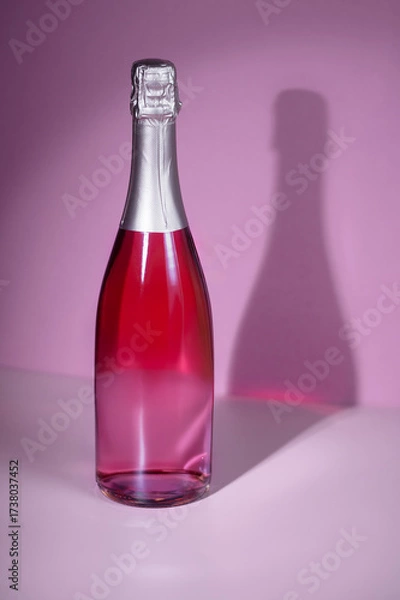 Fototapeta Wine bottle mockup with vibrant pink liquid, reflecting light against a soft pink background, showcasing elegant design and modern aesthetic for creative projects