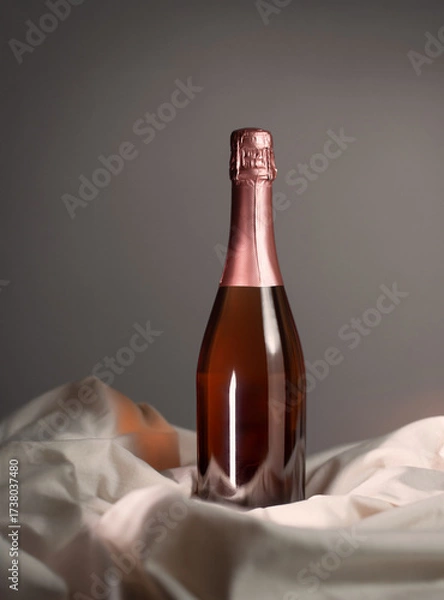 Fototapeta Wine bottle mockup with elegant rose gold foil cap, resting on soft fabric, showcasing luxurious design and inviting ambiance for creative projects and marketing concepts