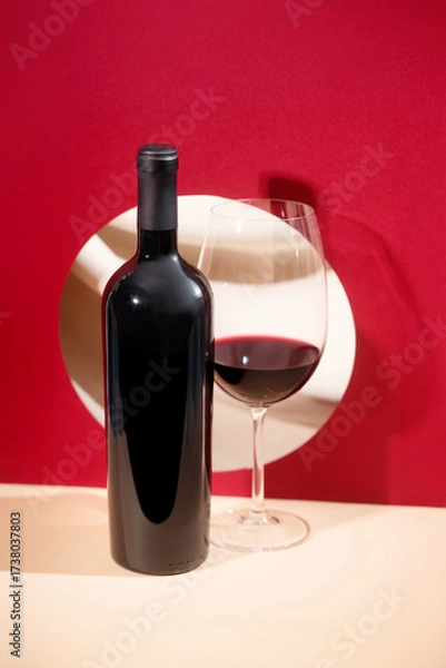 Fototapeta Red wine bottle mockup with elegant glass of red wine, set against a vibrant red background, showcasing modern design and sophisticated ambiance for creative projects