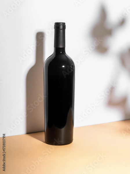 Fototapeta Elegant red wine bottle mockup on a minimalist table with soft shadows, showcasing a sleek design and perfect for branding and label presentation in creative projects
