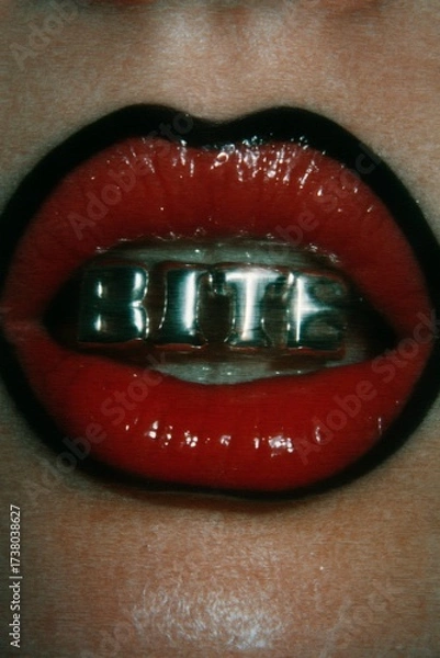 Fototapeta Close-up of a mouth with shiny red lipstick and silver teeth grills, BITE, Black and red Lips