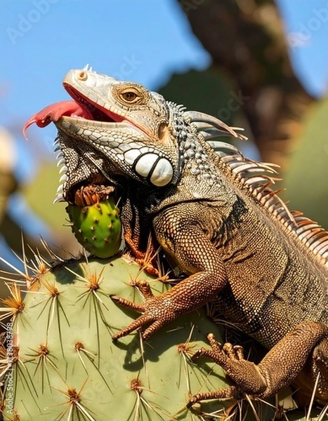 Obraz Close-up of iguana on prickly pear cactus