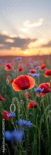 Fototapeta Backlit red poppy in a wildflower field at sunset