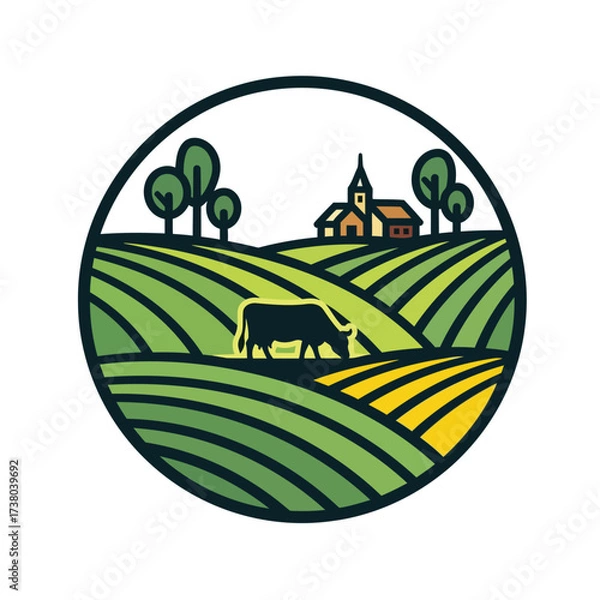 Obraz Vector art of pastoral landscape logo featuring a cow grazing in green fields with a church in the background
