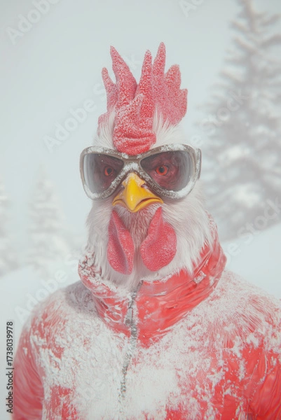 Obraz A rooster in stylish winter gear with glasses stands in the snow, a creative conceptual photo with humor, a bright image for advertising.