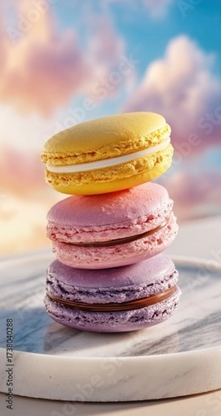 Fototapeta Colorful macarons stacked high on a marble plate against a pastel sky