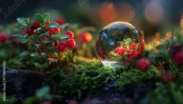 Fototapeta Lingonberries, moss, and a crystal ball create a magical scene