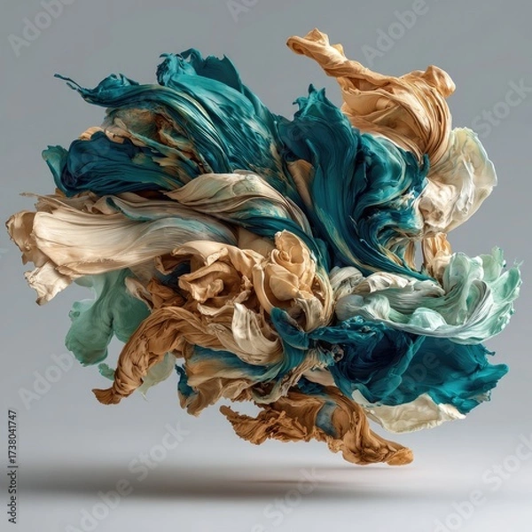 Fototapeta Abstract, swirling forms of fabric in teal, beige, and mint green
