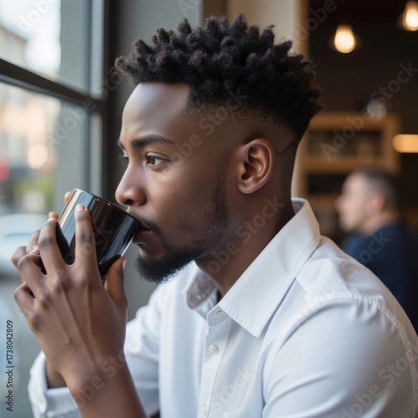 Fototapeta Young man enjoys warm beverage in cozy cafe, reflecting on his thoughts. atmosphere is relaxed and inviting, perfect for moment of peace