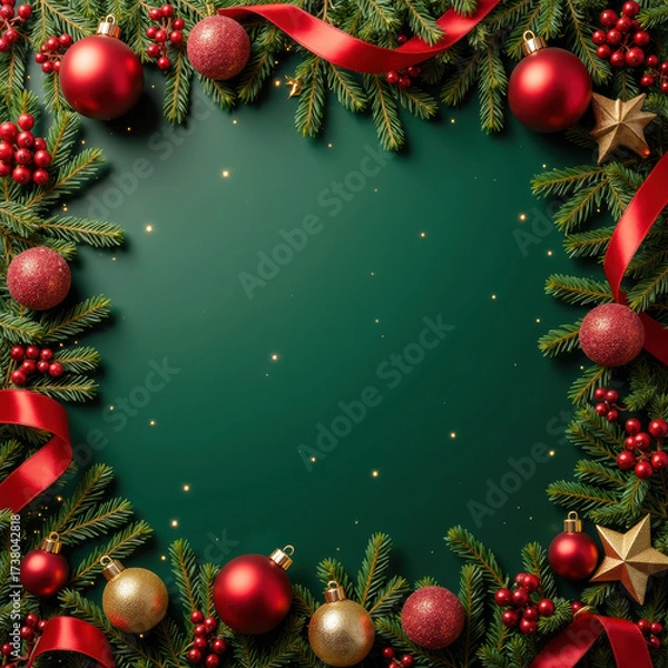 Fototapeta Festive Christmas decorations with red ornaments, ribbons, and pine branches create joyful holiday atmosphere