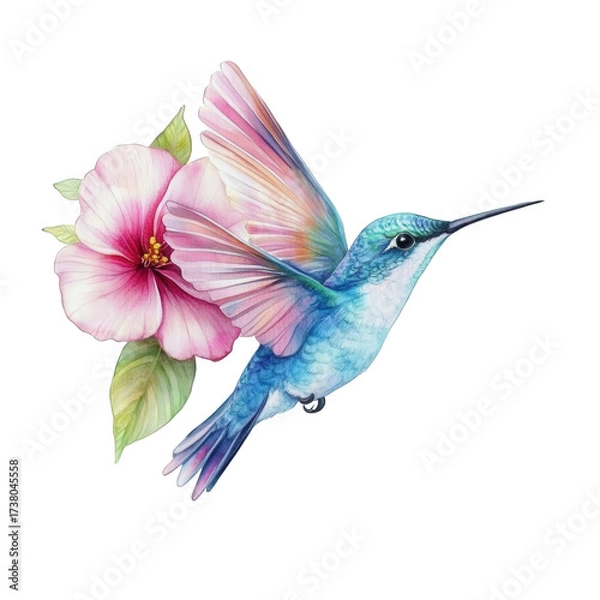 Fototapeta Hummingbird with pink hibiscus isolated on transparent background, a delicate watercolor painting capturing the birds vibrant colors and graceful flight