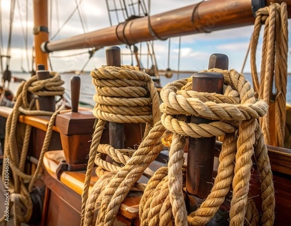 Obraz Close-up of nautical ropes and wooden ship's parts