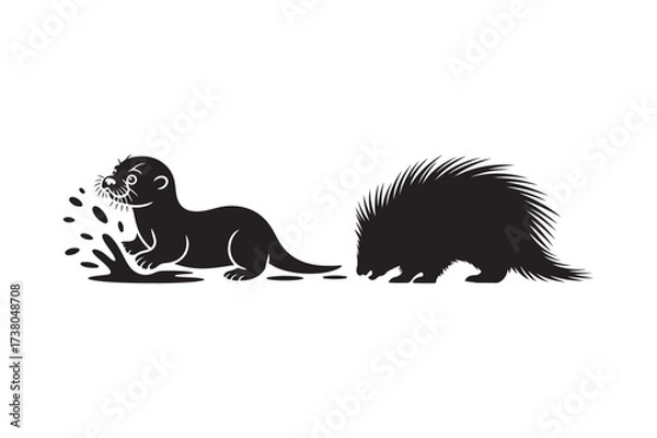 Fototapeta Cute cartoon otter playing in mud next to a fluffy porcupine