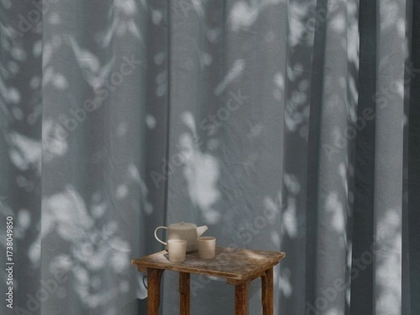 Fototapeta Rustic tea set with teapot and cups on wooden table against curtain background, natural sunlight shadow interior mockup 3d rendering
