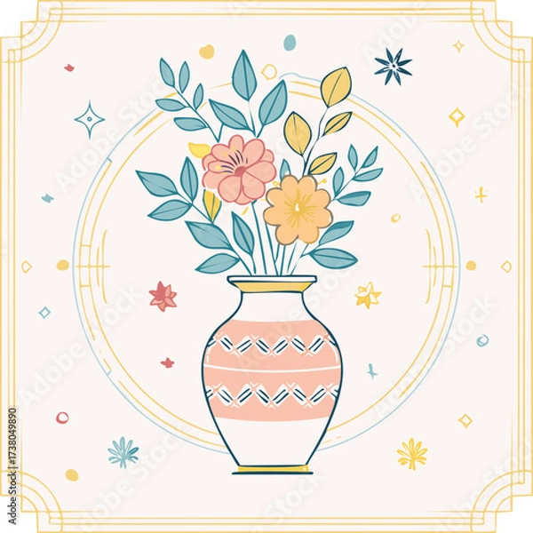 Fototapeta Beautiful hand-drawn vase with flowers in pastel colors, surrounded by decorative hearts and blossoms. Elegant floral illustration perfect for decor, cards, and prints