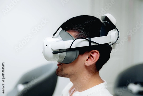 Fototapeta Portrait of a handsome man wearing virtual reality glasses.