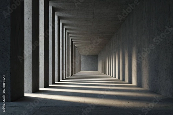 Fototapeta Concrete hallway with columns, light, and shadow interplay