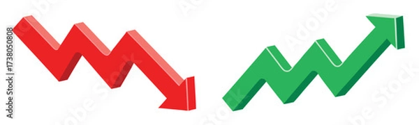 Fototapeta Green up and red down 3d arrow graph showing rising and descending trend, boosting of business result, decrease and growing investment profit symbol 
