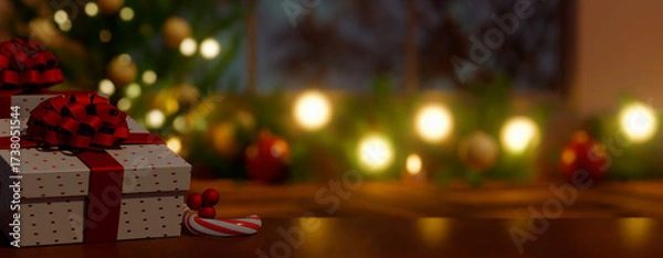 Obraz Christmas gifts under a decorated tree with festive lights and ornaments. 3d rendering