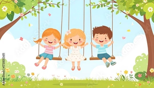Fototapeta Happy cartoon kids on swing set, playful and funny illustration for cheerful themes.
