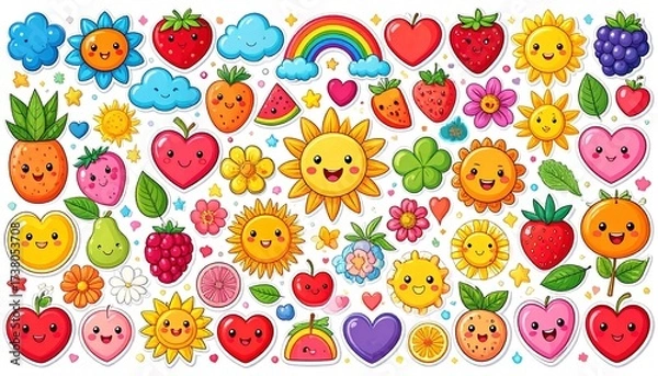 Fototapeta  Sticker pack of funny cartoon characters with hearts, sun, fruits, rainbow, and clouds in retro style.