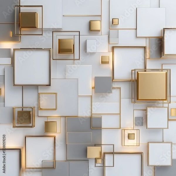 Fototapeta Rectangles & squares gold frames, white & gray planes