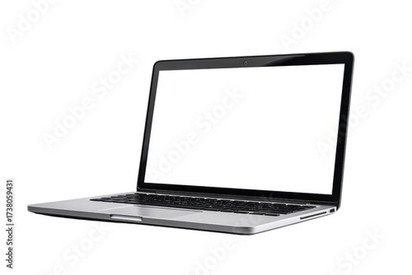 Obraz A laptop with a white screen sits on a table. The laptop is open and ready to use, png