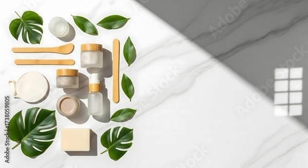 Fototapeta Flat lay of skincare products with leaves and wooden tools on a white marble background with shadows