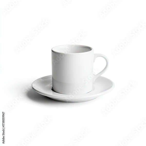 Fototapeta White mug on saucer, centered, stark shadow on white