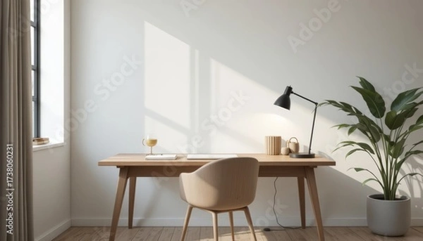 Fototapeta Stylish home office setup with modern desk and natural sunlight