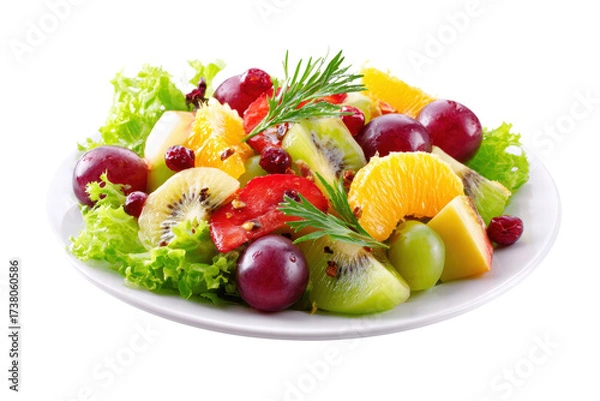 Obraz A plate of fruit salad with a variety of fruits including kiwi, oranges, and grapes, png