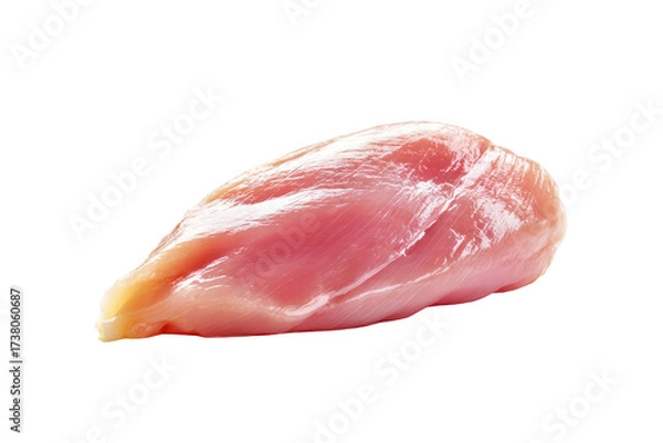 Fototapeta A piece of raw chicken is shown on a white background. Concept of freshness and naturalness, as the chicken is depicted in its uncooked state. The simplicity of the image emphasizes the raw, png