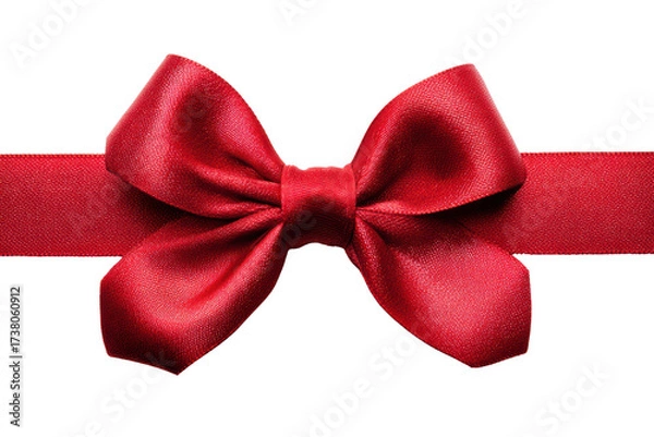 Fototapeta A red ribbon bow is shown on a white background. The bow is made of satin and is tied in a bow shape. The ribbon is red and shiny, and it looks like it is being used to decorate something, png