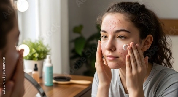 Fototapeta Young woman applying cream to her face while looking in a mirror in a well lit bathroom space
