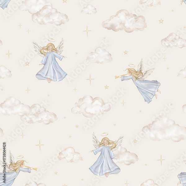 Fototapeta Seamless pattern with Christmas or Christian Nativity angel for religious baptism. Hand drawn illustration repeat ornament for design and beige birds among the clouds moon and stars.