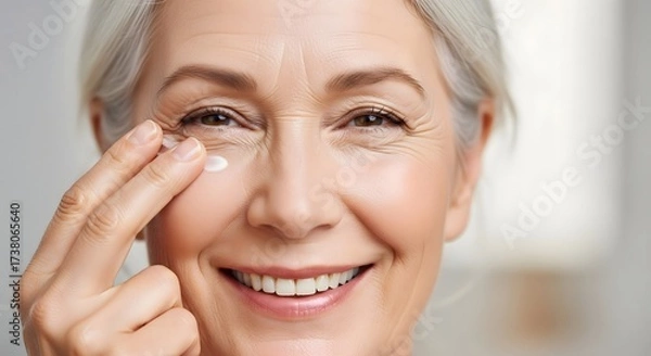 Fototapeta Close up of smiling woman applying cream under eye with fingers for skincare routine and wrinkle care