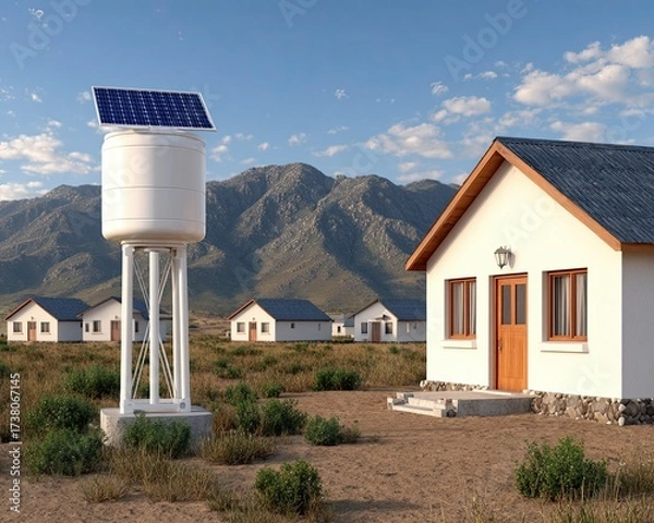 Fototapeta Clean Water Access for Remote Areas Modern Water Tower Near Houses in Mountainous Landscape During Bright Daylight