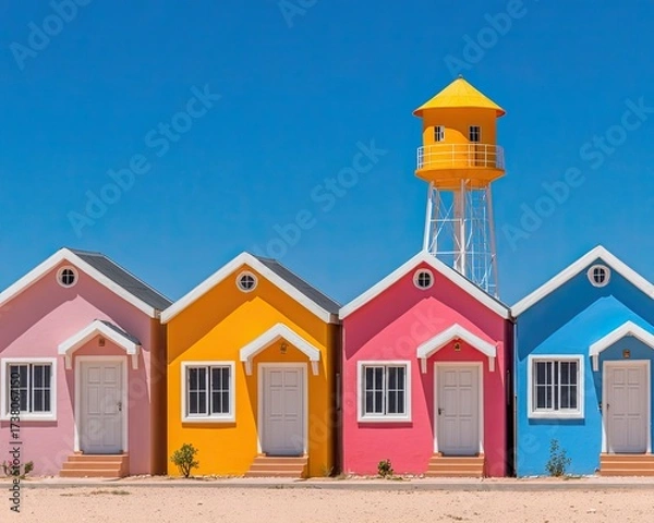 Fototapeta Clean Water Access for Remote Areas Colorful beach houses with water tower against blue sky in sunny landscape