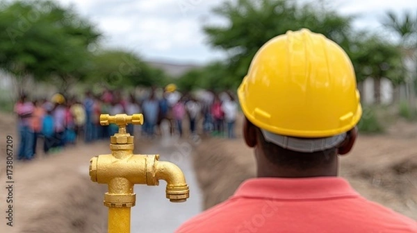 Fototapeta Clean Water Access for Remote Areas Worker with Yellow Helmet Observing Water Supply Installation in Community Area