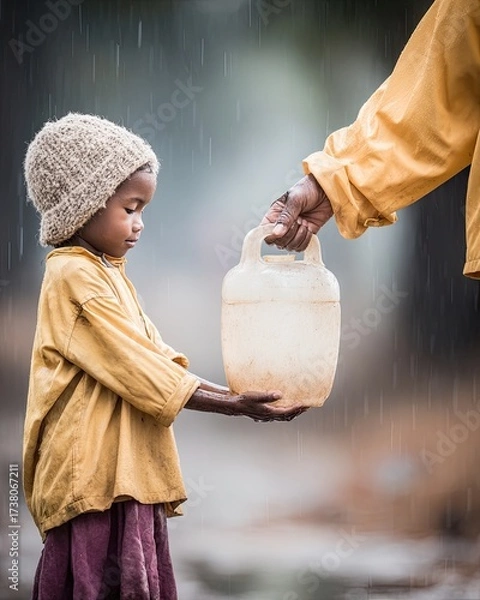 Fototapeta Clean Water Access for Remote Areas Child Receiving Water in Rainy Day, Hope and Resilience in Adversity