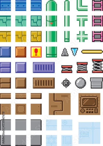 Fototapeta ゲーム風ドット絵　メカニック背景パーツセット