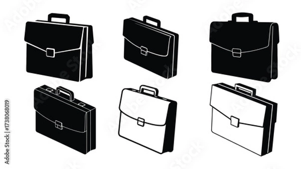 Fototapeta angled 3d black and white silhouette vector illustration of a professional business briefcase icon, financial management in minimal geometric design