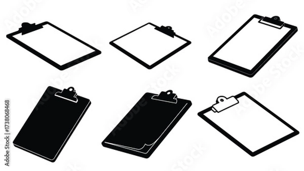 Fototapeta angled 3d black and white silhouette vector illustration of a clipboard icon with paper sheet, symbolizing notes, tasks, and business management in minimal geometric design