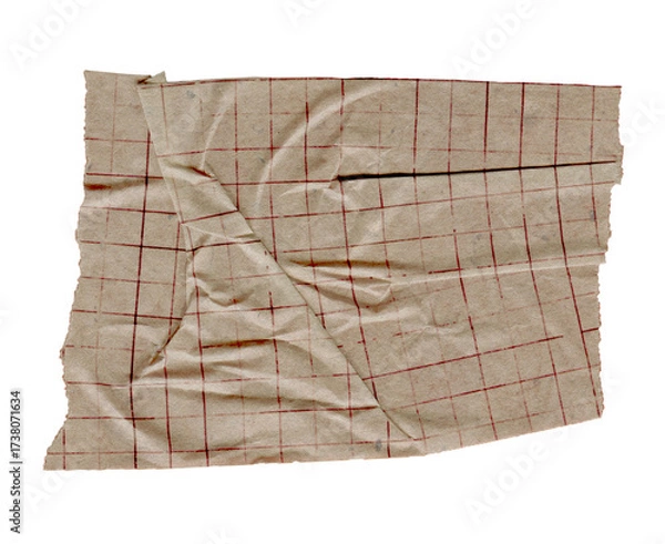 Fototapeta Torn Grunge Paper with Grid. Ripped wrinkled sheet on craft background with taped scrap isolated. Vintage paper texture elements for collage, scrapbooking and creative design