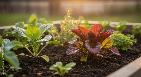 Fototapeta Golden Hour Macro of Fresh Organic Garden Vegetables with Dew Drops